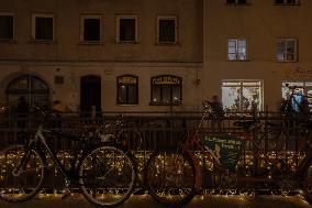 Festively Illuminated Narrow Streets In The Bavarian City Of Augsburg