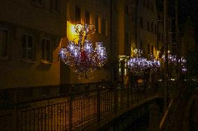 Festively Illuminated Narrow Streets In The Bavarian City Of Augsburg