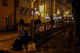 Festively Illuminated Narrow Streets In The Bavarian City Of Augsburg