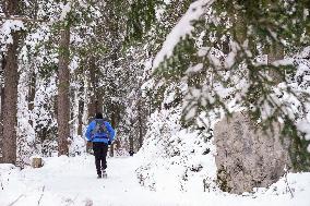 People Hiking Around The Bavarian Alpine Lake Eibsee In Winter