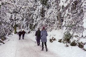 People Hiking Around The Bavarian Alpine Lake Eibsee In Winter