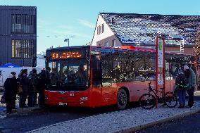 Travelers At Bus Stop At Garmisch-Partenkirchen Train Station