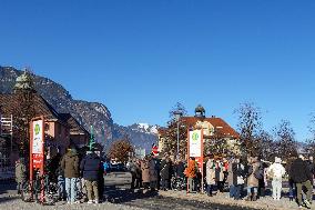 Travelers At Bus Stop At Garmisch-Partenkirchen Train Station