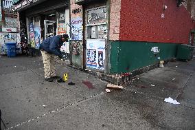 NYPD Crime Scene Investigators At The Scene Of 34-year-old Man Fatally Stabbed Outside Of Mucho Lucio Deli Grocery On Sutter Ave