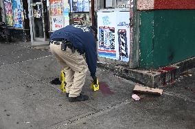 NYPD Crime Scene Investigators At The Scene Of 34-year-old Man Fatally Stabbed Outside Of Mucho Lucio Deli Grocery On Sutter Ave