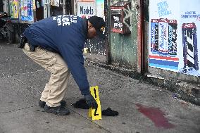 NYPD Crime Scene Investigators At The Scene Of 34-year-old Man Fatally Stabbed Outside Of Mucho Lucio Deli Grocery On Sutter Ave