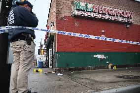 NYPD Crime Scene Investigators At The Scene Of 34-year-old Man Fatally Stabbed Outside Of Mucho Lucio Deli Grocery On Sutter Ave