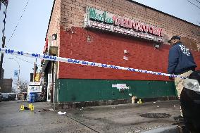 NYPD Crime Scene Investigators At The Scene Of 34-year-old Man Fatally Stabbed Outside Of Mucho Lucio Deli Grocery On Sutter Ave