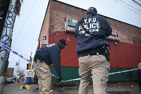 NYPD Crime Scene Investigators At The Scene Of 34-year-old Man Fatally Stabbed Outside Of Mucho Lucio Deli Grocery On Sutter Ave