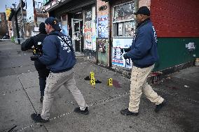 NYPD Crime Scene Investigators At The Scene Of 34-year-old Man Fatally Stabbed Outside Of Mucho Lucio Deli Grocery On Sutter Ave