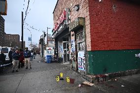 NYPD Crime Scene Investigators At The Scene Of 34-year-old Man Fatally Stabbed Outside Of Mucho Lucio Deli Grocery On Sutter Ave