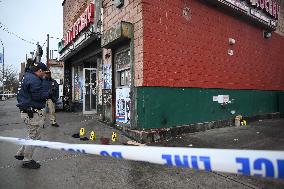 NYPD Crime Scene Investigators At The Scene Of 34-year-old Man Fatally Stabbed Outside Of Mucho Lucio Deli Grocery On Sutter Ave