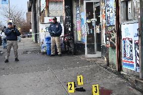 NYPD Crime Scene Investigators At The Scene Of 34-year-old Man Fatally Stabbed Outside Of Mucho Lucio Deli Grocery On Sutter Ave