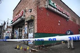 NYPD Crime Scene Investigators At The Scene Of 34-year-old Man Fatally Stabbed Outside Of Mucho Lucio Deli Grocery On Sutter Ave