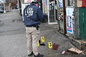 NYPD Crime Scene Investigators At The Scene Of 34-year-old Man Fatally Stabbed Outside Of Mucho Lucio Deli Grocery On Sutter Ave