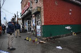 NYPD Crime Scene Investigators At The Scene Of 34-year-old Man Fatally Stabbed Outside Of Mucho Lucio Deli Grocery On Sutter Ave