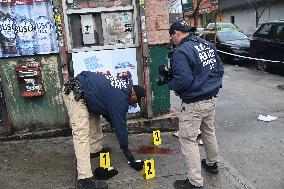 NYPD Crime Scene Investigators At The Scene Of 34-year-old Man Fatally Stabbed Outside Of Mucho Lucio Deli Grocery On Sutter Ave