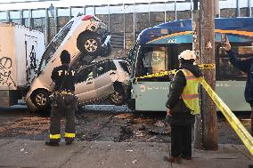 MTA New York City Bus And Vehicle Crash In Bedford-Stuyvesant Section Of Brooklyn New York