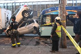 MTA New York City Bus And Vehicle Crash In Bedford-Stuyvesant Section Of Brooklyn New York