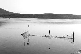 Fishing Nets Reflected On Calm Varano Lake