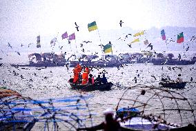 Indian People Take Boat Ahead of the upcoming Maha Kumbh Mela