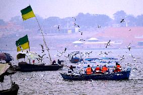 Indian People Take Boat Ahead of the upcoming Maha Kumbh Mela