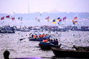 Indian People Take Boat Ahead of the upcoming Maha Kumbh Mela