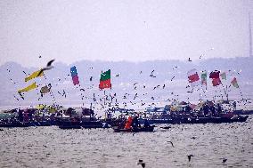 Indian People Take Boat Ahead of the upcoming Maha Kumbh Mela