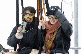 Les Arcs Lina El Arabi and Berangere McNeese Zipline