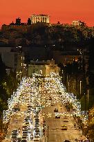 Christmas Lights Decorating Athens With The Acropolis In The Background