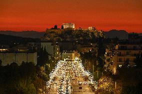 Christmas Lights Decorating Athens With The Acropolis In The Background