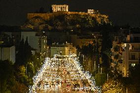 Christmas Lights Decorating Athens With The Acropolis In The Background