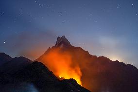 Fires Devour Forest Slopes Of Mardi Mountains, Nepal.