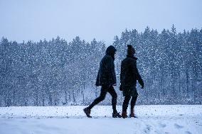 Winter Walk Amid Snowfall