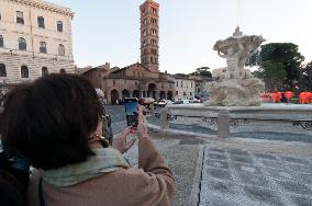 The Triton Fountain In Piazza Bocca Della Verità Has Been Restor