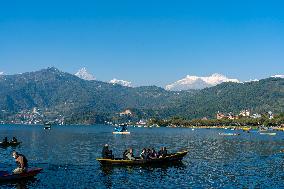 Tourists Are Enjoying Boating On Phewa Lake In Nepal