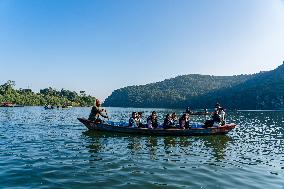 Tourists Are Enjoying Boating On Phewa Lake In Nepal