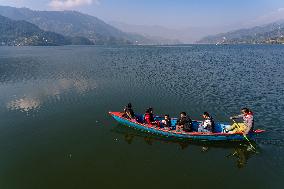 Tourists Are Enjoying Boating On Phewa Lake In Nepal