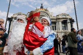 Russian Parade Of Ded Moroz And Snegurachkas On Christmas Eve In Mexico