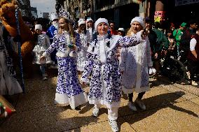 Russian Parade Of Ded Moroz And Snegurachkas On Christmas Eve In Mexico