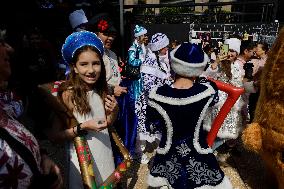 Russian Parade Of Ded Moroz And Snegurachkas On Christmas Eve In Mexico