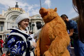 Russian Parade Of Ded Moroz And Snegurachkas On Christmas Eve In Mexico