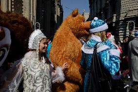 Russian Parade Of Ded Moroz And Snegurachkas On Christmas Eve In Mexico