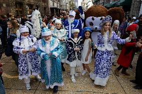 Russian Parade Of Ded Moroz And Snegurachkas On Christmas Eve In Mexico