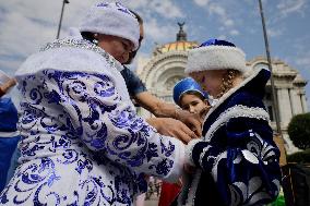 Russian Parade Of Ded Moroz And Snegurachkas On Christmas Eve In Mexico