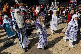 Russian Parade Of Ded Moroz And Snegurachkas On Christmas Eve In Mexico