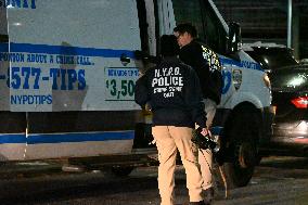 NYPD Crime Scene Investigators Stage At 60th Precinct In Coney Island Brooklyn New York Where Suspect In Fire Setting Attack On