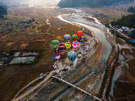 Aerial View Of The First International Hot Air Balloon Festival In Pokhara, Nepal