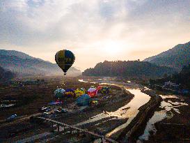 Aerial View Of The First International Hot Air Balloon Festival In Pokhara, Nepal