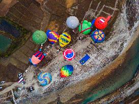 Aerial View Of The First International Hot Air Balloon Festival In Pokhara, Nepal